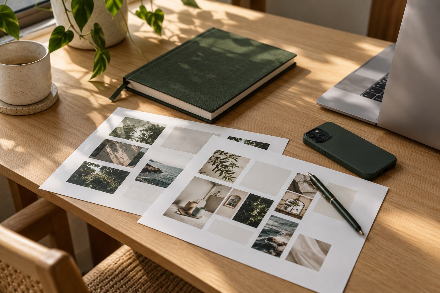 Notebook, creative materials and digital devices on a naturally lit desk