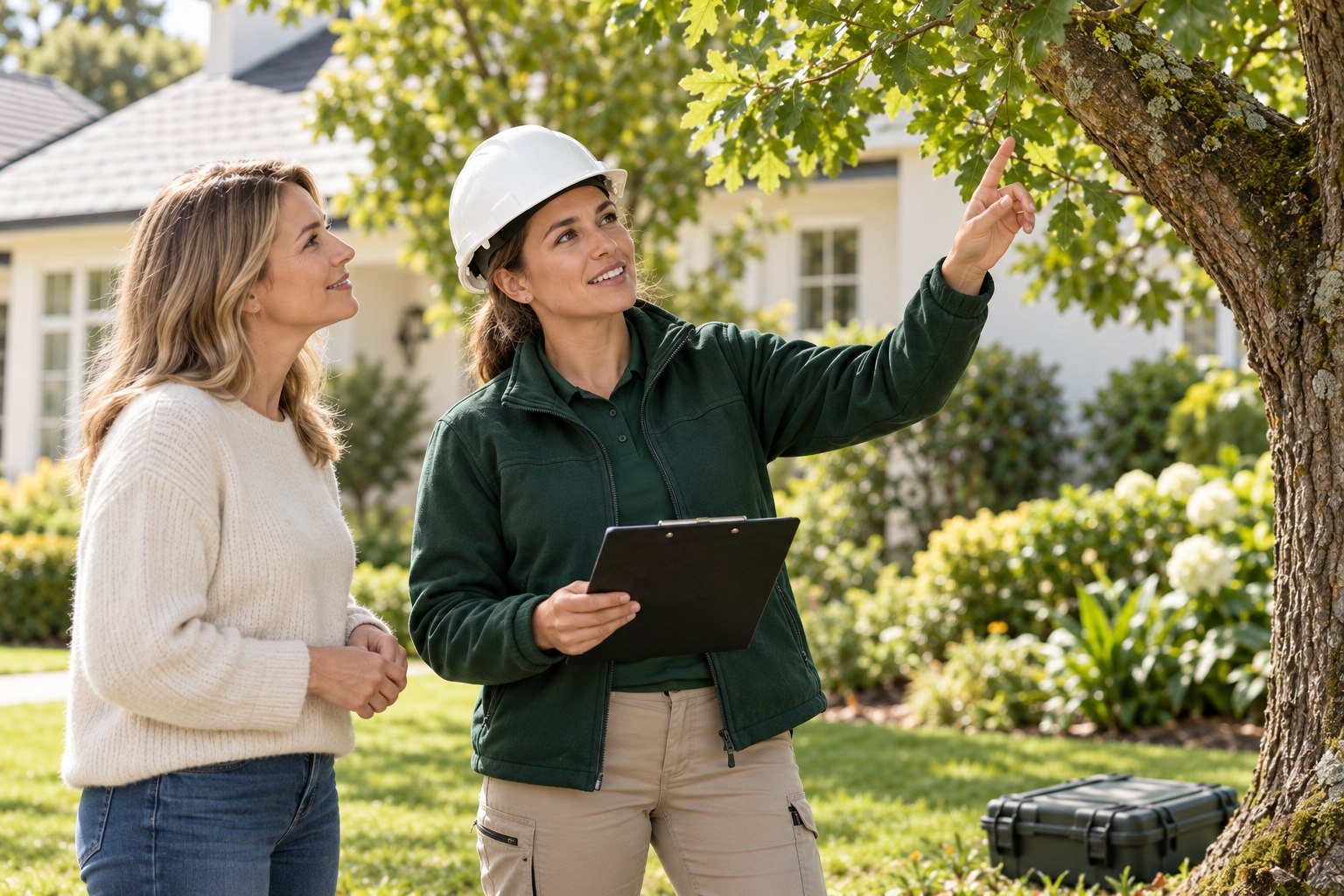 Arborist and property care specialist discussing a tree inspection with a homeowner