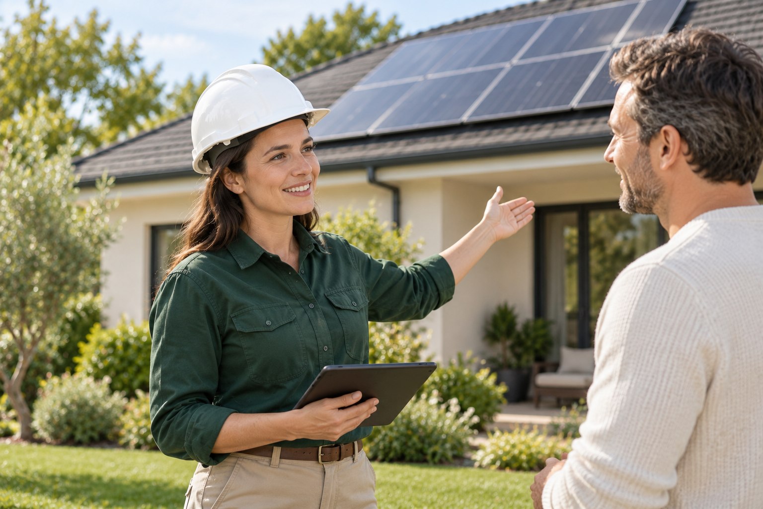 Solar engineer discussing rooftop panels with a homeowner
